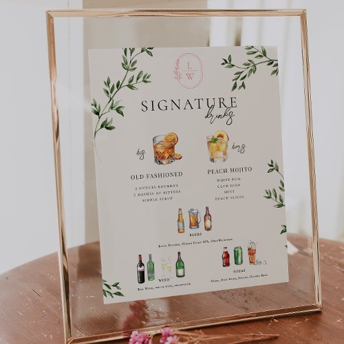 Watercolor  Bride  Groom Signature Drink Bar Poster