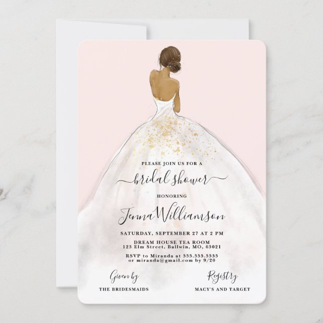 Watercolor Bride in Gown Bridal Shower Invitation (Front)