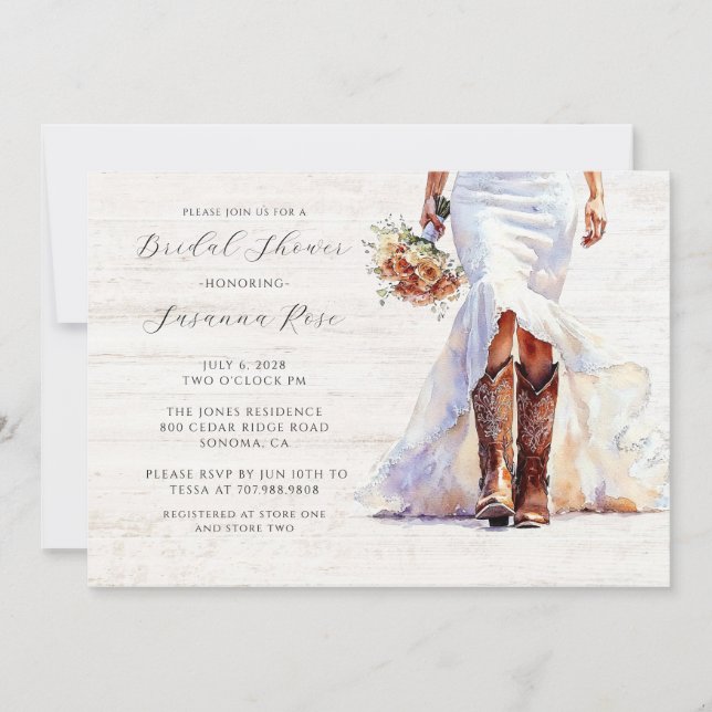 Watercolor Bride In Wedding Dress Cowgirl Boots Invitation (Front)