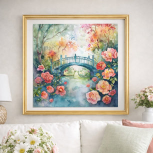 Watercolor Bridge Garden Floral Poster