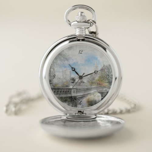 Watercolor bridge in Central Park New York  Pocket Watch