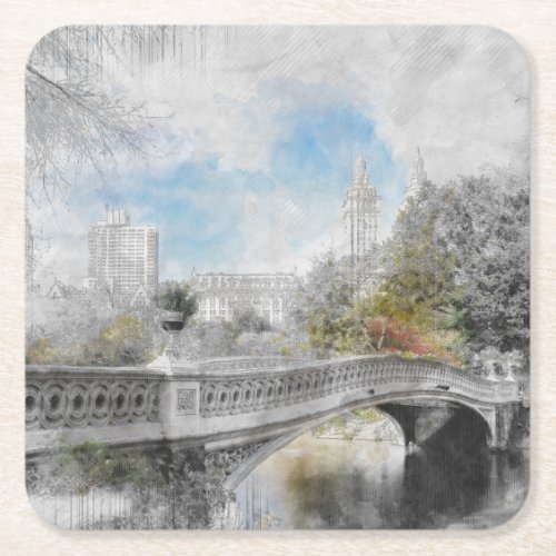 Watercolor bridge in Central Park New York  Square Paper Coaster