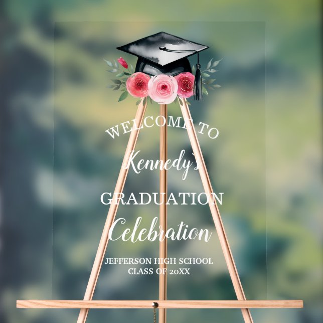 Watercolor Bright & Bold Pink Florals Graduation Acrylic Sign (Neutral)