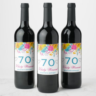 Watercolor Bright Colored Spring Flowers Birthday Wine Label