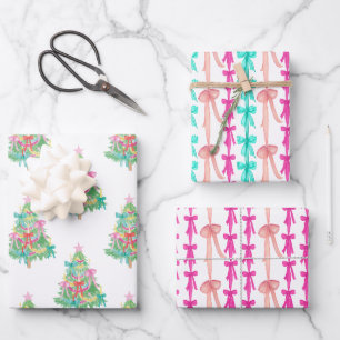 Watercolor Bright Coquette Bows Christmas Tree Wrapping Paper Sheets