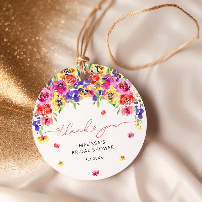 Watercolor Bright Floral Bridal Shower Thank You Favor Tags | Zazzle