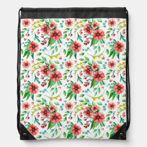 Watercolor Bright Floral With Red Flowers Pattern Drawstring Bag