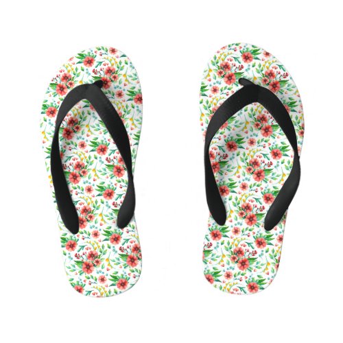 Watercolor Bright Floral With Red Flowers Pattern Kids Flip Flops
