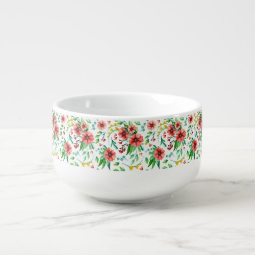 Watercolor Bright Floral With Red Flowers Pattern Soup Mug