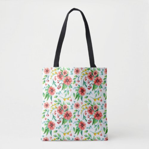 Watercolor Bright Floral With Red Flowers Pattern Tote Bag