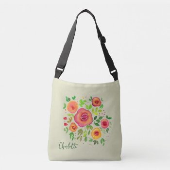 Watercolor Bright Flowers   Custom Text Crossbody Bag by DesignByLang at Zazzle