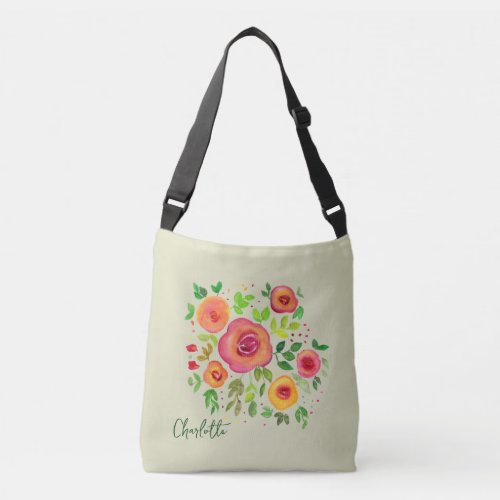 Watercolor Bright Flowers  Custom Text Crossbody Bag