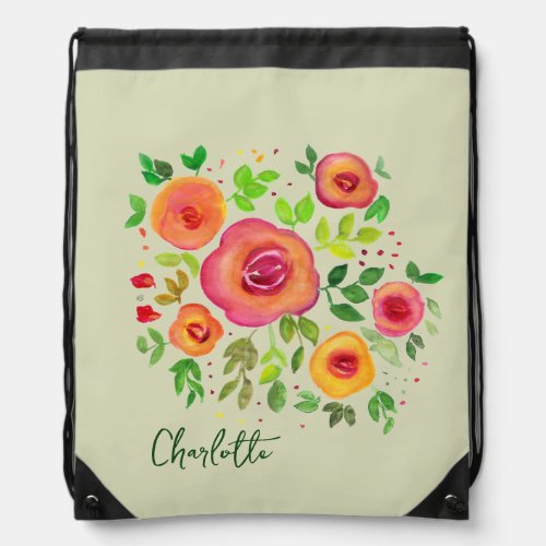 Watercolor Bright Flowers  Custom Text Drawstring Bag