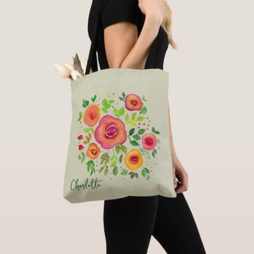 Watercolor Bright Flowers  Custom Text Tote Bag