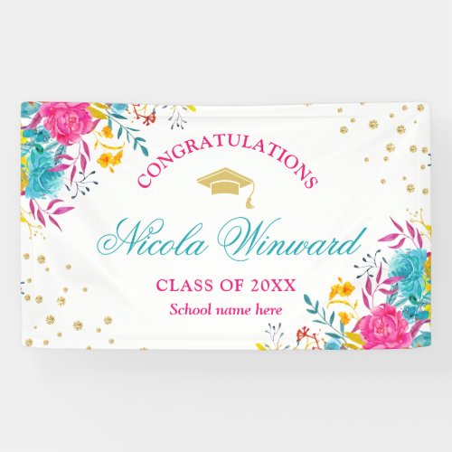 Watercolor Bright Flowers Girl Graduation Party  Banner