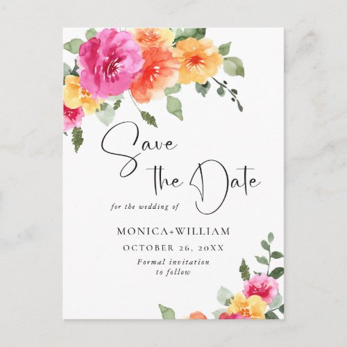 Watercolor Bright Flowers Wedding Save the Date Postcard