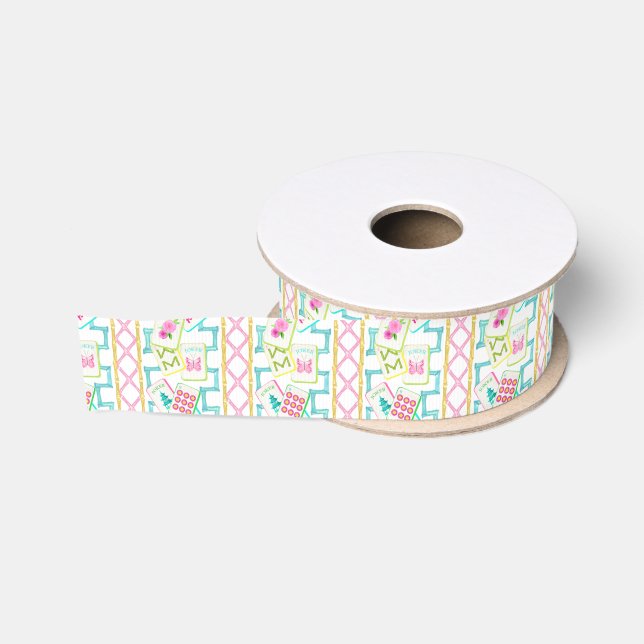 Watercolor Bright Mahjong Tiles Bamboo Grosgrain Ribbon (Spool)
