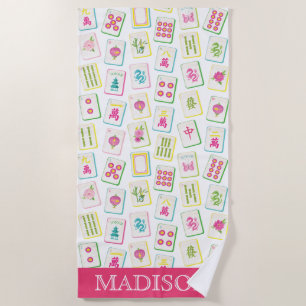 Watercolor Bright Mahjong Tiles Monogram Beach Towel