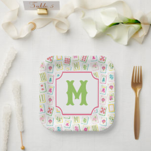 Watercolor Bright Mahjong Tiles Monogram Paper Plates
