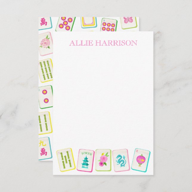 Watercolor Bright Mahjong Tiles Personalized Note Card (Front/Back)