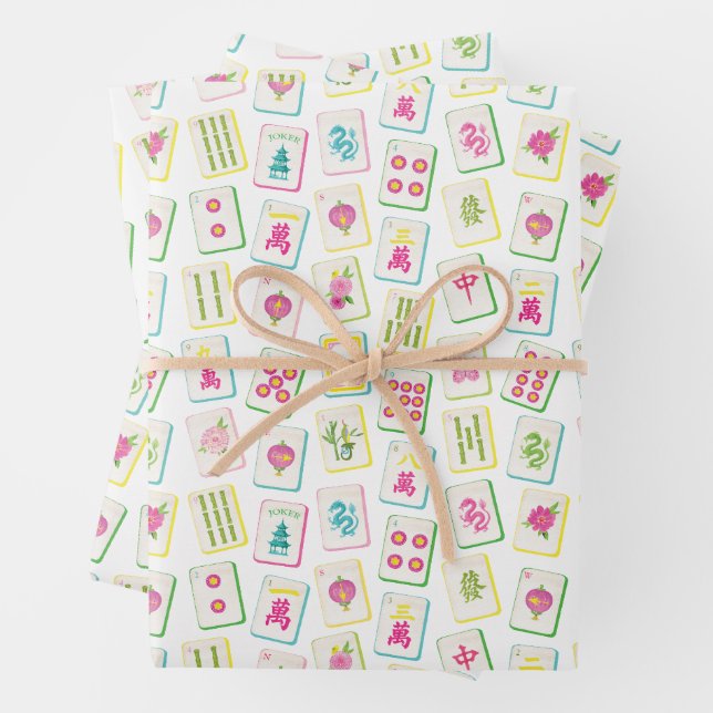 Watercolor Bright Mahjong Tiles Wrapping Paper Sheets (In situ)