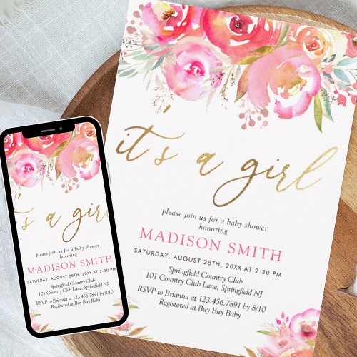 Watercolor Bright Pink Floral Baby Girl Shower Invitation