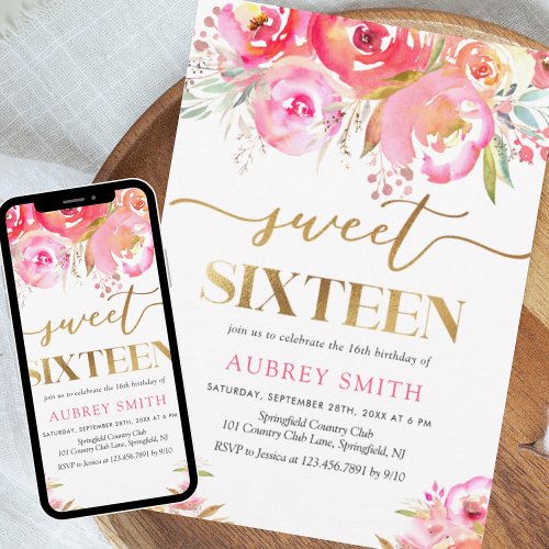 Watercolor Bright Pink Floral Sweet 16 Invitation