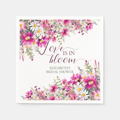 Watercolor Bright Pink Flowers Love is in Bloom Napkins