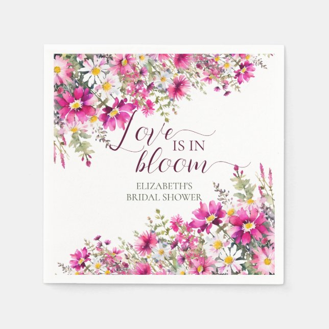 Watercolor Bright Pink Flowers Love is in Bloom Napkins (Front)