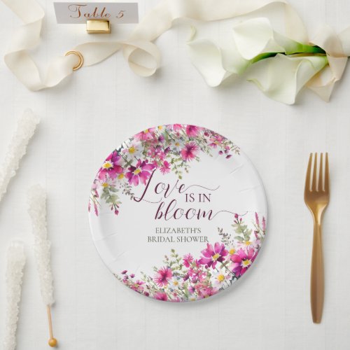 Watercolor Bright Pink Flowers Love is in Bloom Paper Plates