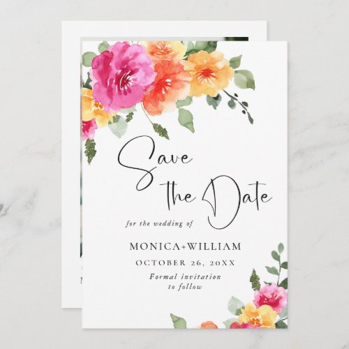 Watercolor Bright Pink Flowers Wedding Photo Save The Date