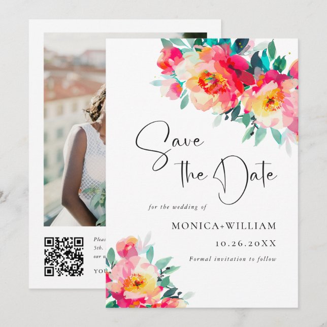 Watercolor Bright Pink Flowers Wedding Wedding Save The Date (Front/Back)