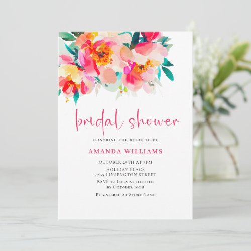 Watercolor Bright Pink Orange Flower Bridal Shower Invitation