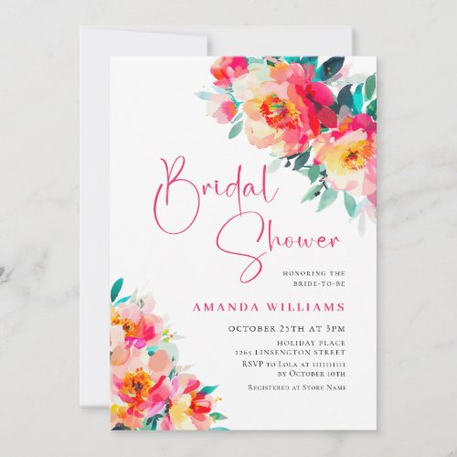 Watercolor Bright Pink Orange Flower Bridal Shower Invitation