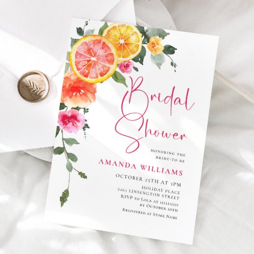 Watercolor Bright Pink Orange Flower Bridal Shower Invitation