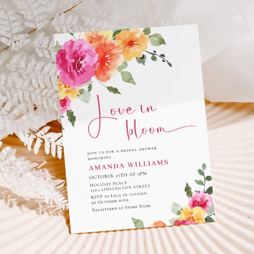 Watercolor Bright Pink Orange Flower Bridal Shower Invitation