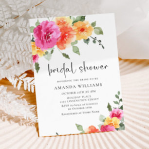 Watercolor Bright Pink Orange Flower Bridal Shower Invitation