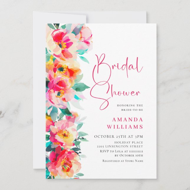 Watercolor Bright Pink Orange Flower Bridal Shower Invitation (Front)