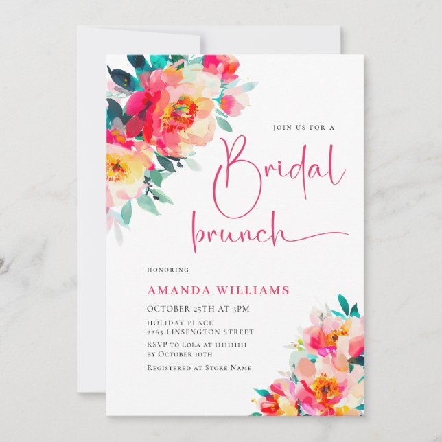 Watercolor Bright Pink Orange Flower Bridal Shower Invitation (Front)