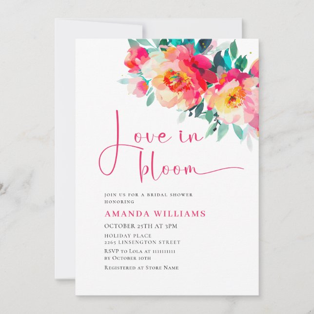 Watercolor Bright Pink Orange Flower Bridal Shower Invitation (Front)