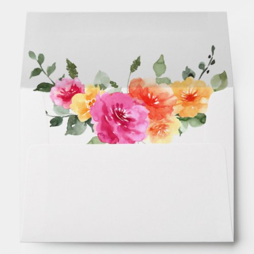 Watercolor Bright Pink Orange Flowers Wedding Envelope