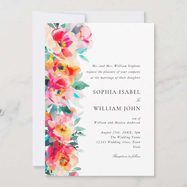 Watercolor Bright Pink Orange Flowers Wedding Invitation (Front)