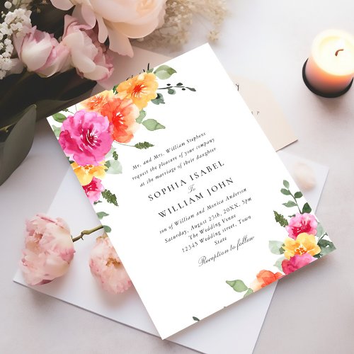 Watercolor Bright Pink Orange Flowers Wedding Invitation