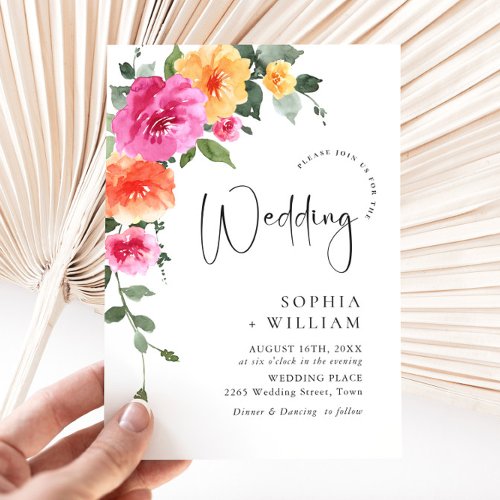 Watercolor Bright Pink Orange Flowers Wedding Invitation