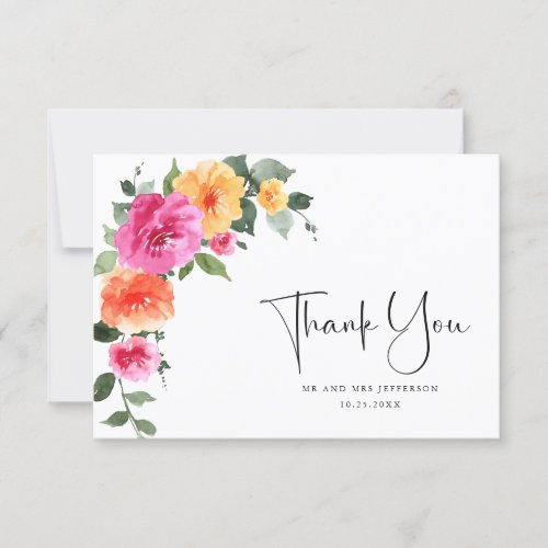 Watercolor Bright Pink Reach Flower Floral Wedding Thank You Card