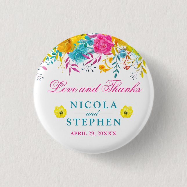 Watercolor Bright Summer Flowers Wedding  Button (Front)