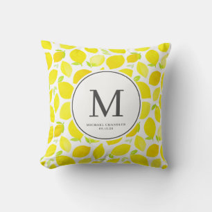 Watercolor Bright Yellow Lemon Pattern Monogram Throw Pillow