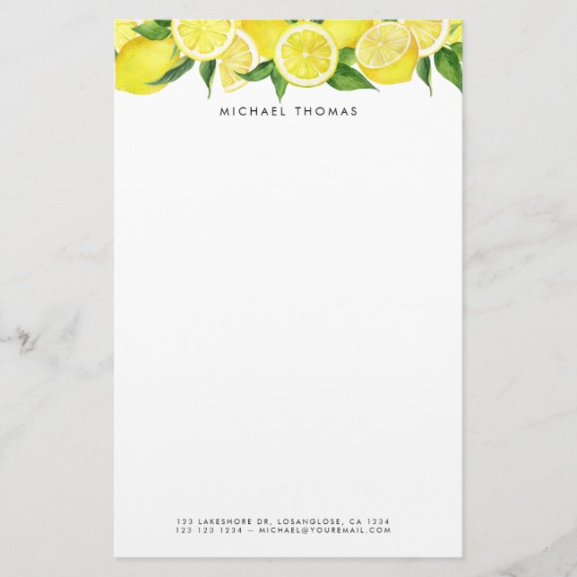Watercolor Bright Yellow Lemon Personalized Stationery (Front)