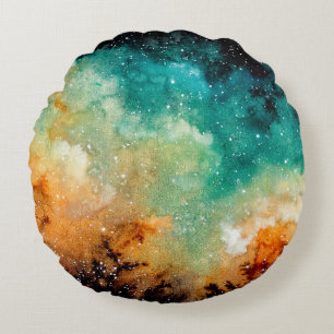 Watercolor Bright Yellow Nebula, Stars and Dark Sk Round Pillow