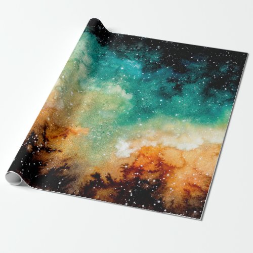Watercolor Bright Yellow Nebula Stars and Dark Sk Wrapping Paper